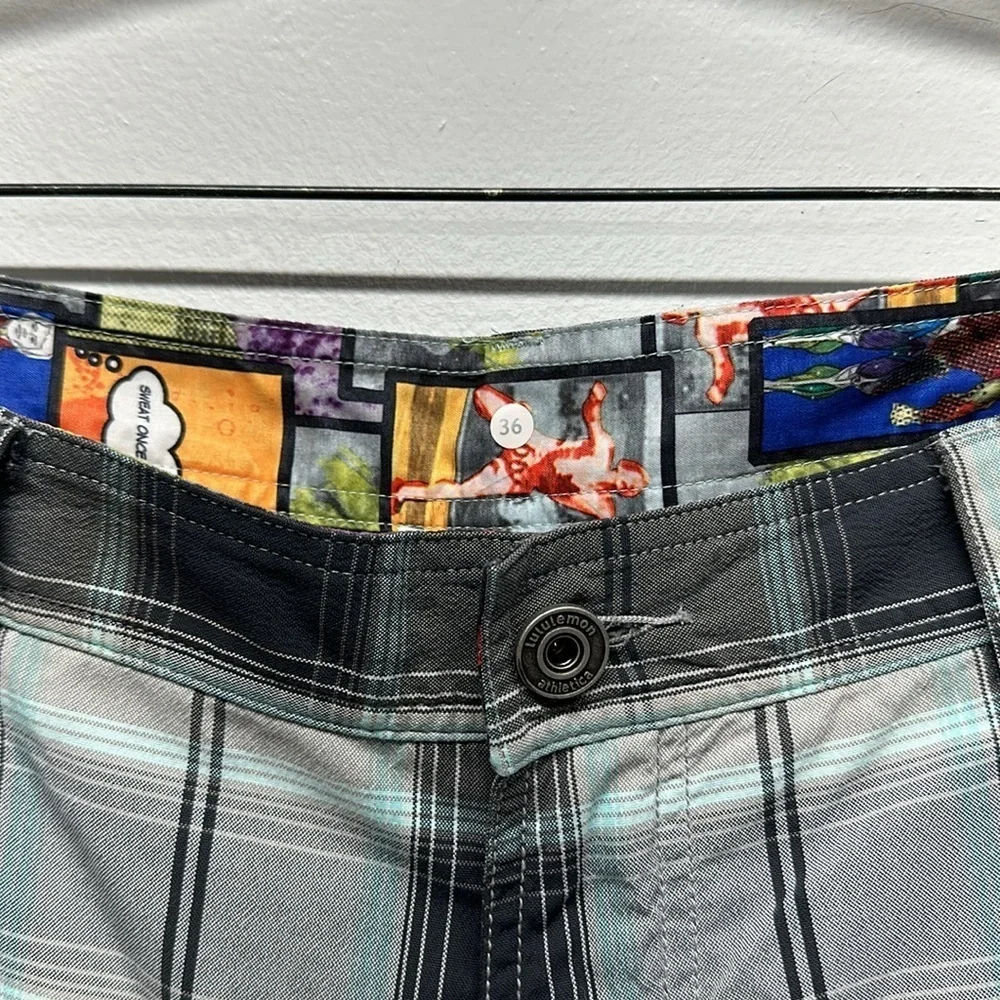 Lululemon Kahuna Shorts Pockets Belt Loops Plaid Gray Blue 8.5